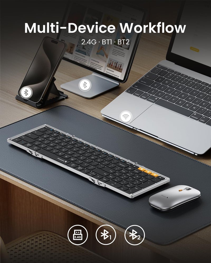 ProtoArc Foldable Keyboard and Mouse, XKM01 True Full-Size Folding Wireless Keyboard Mouse for Business Travel, a Portable Office Suite On-The-Go, Compatible with Laptop iPad Tablet - Black Silver - Image 4